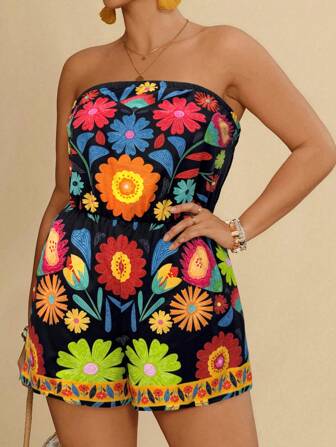 Travachic Damen Große Größen Tropical Muster Träger-Romper
