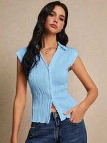 Poéselle Exquisite Jacquard Textured Grain Fabric, Excellent Minimalist Shap And Fashionable Lettuce Trim Button Front Textured Slim V-Neck Tee, Summer Vacation Season Polo Shirts For Women - Blue - View 4