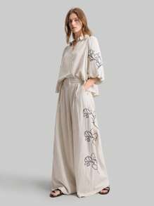 Ontre 2026春夏女士两件套，商务休闲百搭基础款杏色修身印花灯笼袖衬衫搭配口袋阔腿裤，休闲都市简约时尚通勤优雅套装，适合教师节、海岛度假、独立日、圣诞节、海滩、毕业典礼、办公室等场合，刺绣设计纯色杏色卡其色两件套，泡泡袖上衣搭配阔腿裤，时尚百搭女士两件套 - 卡其色 - 查看 8