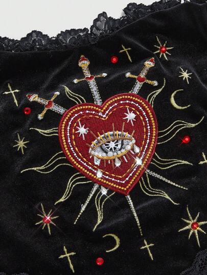 Goth Plus Size Spring Gothic Palace Style Eyeball Crystal Teardrop Star Embroidered Halter Crop Top