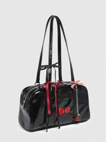 ROMWE Kawaii 女士复古可爱格子蝴蝶结带樱桃心装饰单肩腋下包，多口袋波士顿单肩包