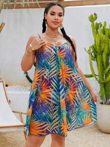 Swim Lushoire Plus Size Women Tropical Plant Print Slip Dress Coverup For Summer Beach Vacation