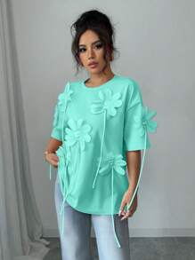 Chiquease Elegant French Style 3D Flower Print Pink Short Sleeve Valentine's T-Shirt For Women - Green - View 4