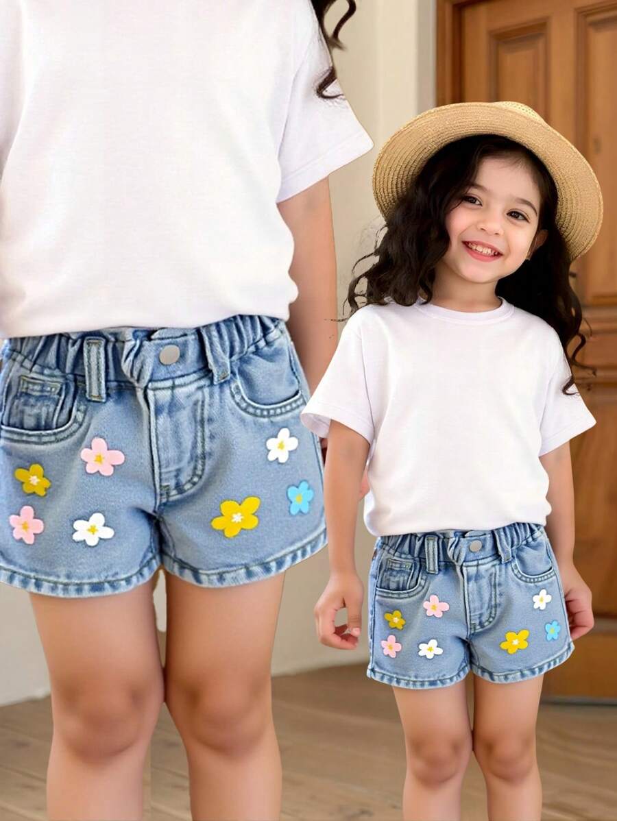 Shorts vaqueros informales de corte casual con cintura elástica y estampado floral en azul claro para bebé niña - Azul lavado medio - Ver 1