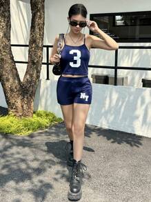 2pcs/Set Teen Girl Casual Minimalist Comfortable Versatile Letter Graphic Camisole And Shorts Set - Navy Blue - View 4