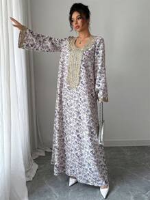 Al Najma Women's Printed Long Sleeve Dress, Modest - Purple - View 5
