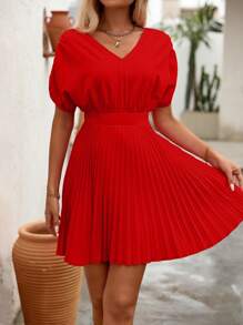 SHEIN Clasi 女式夏季纯色 V 领收腰褶边连衣裙 - 紅色 - 查看 6