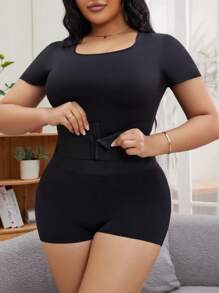 SHEIN Plus Size Women Solid Color Short Sleeve T-Shirt And Shorts Shapewear Suit - Black - View 1