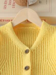 Elladie kids 年轻女孩和年轻女孩的轻质开衫，米色，白色，浅黄色，杏色，创意纹理钩针图案，V领，灯笼袖，罗纹袖口，百搭，时尚，可爱，优雅，适合春夏季，学校，日常外出，针织毛衣外套 - 黃色 - 查看 4