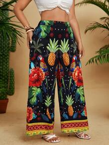 SHEIN Clasi Spodnie damskie w dużych rozmiarach z elastycznym pasem i luźnym kwiatowym nadrukiem w stylu boho eleganckie - Czarne - Zobacz 3