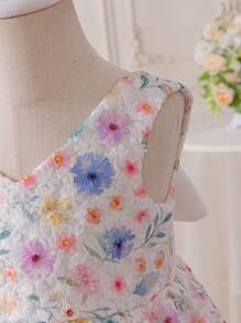 SHEIN Glamorique Kids 女婴花卉印花连衣裙，带刺绣缎面蝴蝶结，V 领无袖公主裙，适合复活节派对 - 彩色 - 查看 5