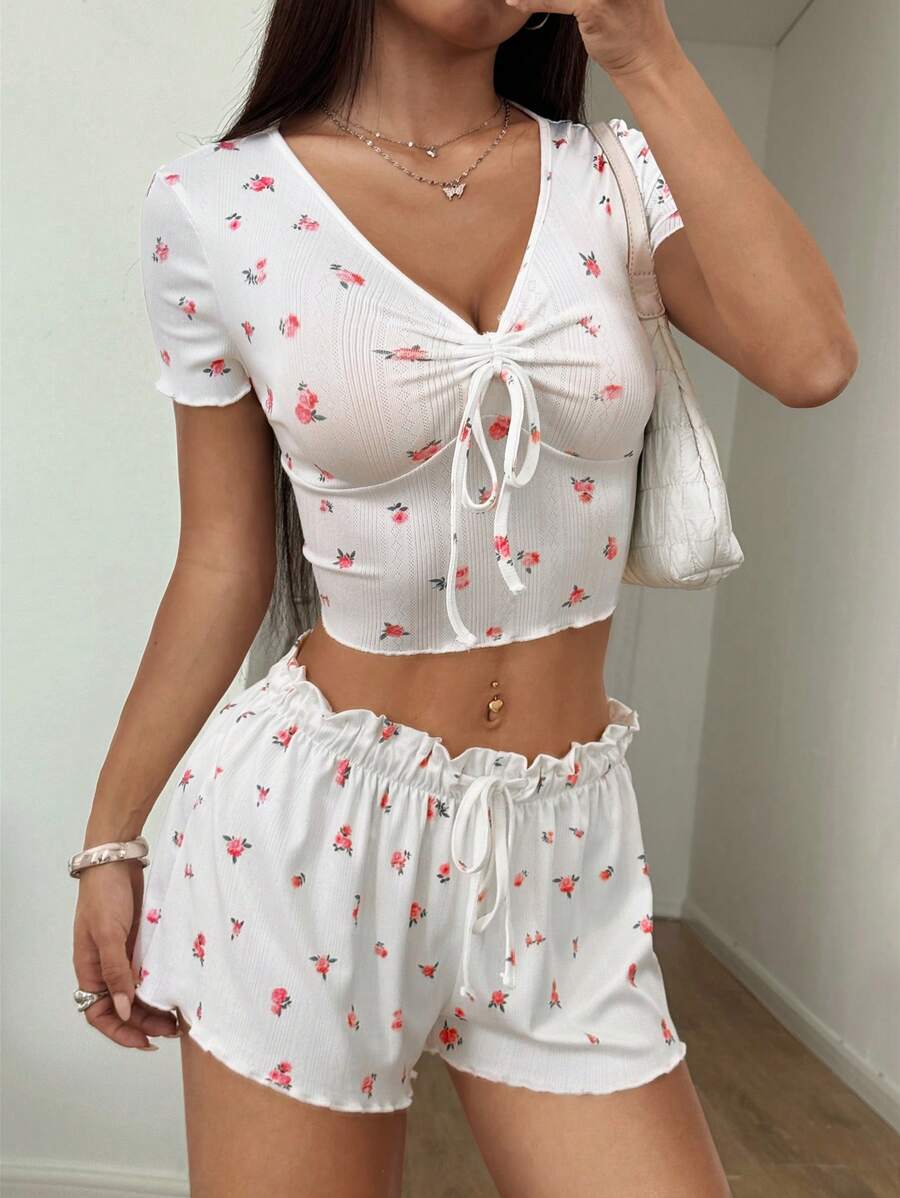 SHEIN Unity 2件套女士时尚粉色和绿色碎花套装 - 白色 - 查看 1