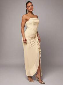 Silquee Early Spring/Summer Graceful & Romantic Print Surplice Neck Ruffle Sleeve High Slit Dress, For Women/Ladies, Sage Green, Elegant, Suitable For Valentine's Day, Dates, Parties, Weddings, Daily Wear Dresses For Wedding Event