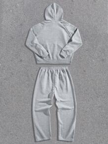 SHEIN Forever 21 Męski obszerny, pudełkowy, rozpinany, dwuczęściowy zestaw z bluzą z kapturem i spodniami dresowymi w kolorze jasnoszarym