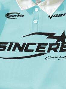 SHEIN 2 件套年轻男孩休闲标语印花半拉链短袖 Polo 衫和短裤套装，适合日常休闲、运动、学校、户外、春夏季