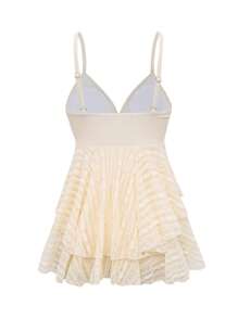 DAZY 2025 New Women Solid Color Lace Spaghetti Strap Bowknot Double Ruffle High End Vacation One-Piece Swimsuit - Apricot - View 5