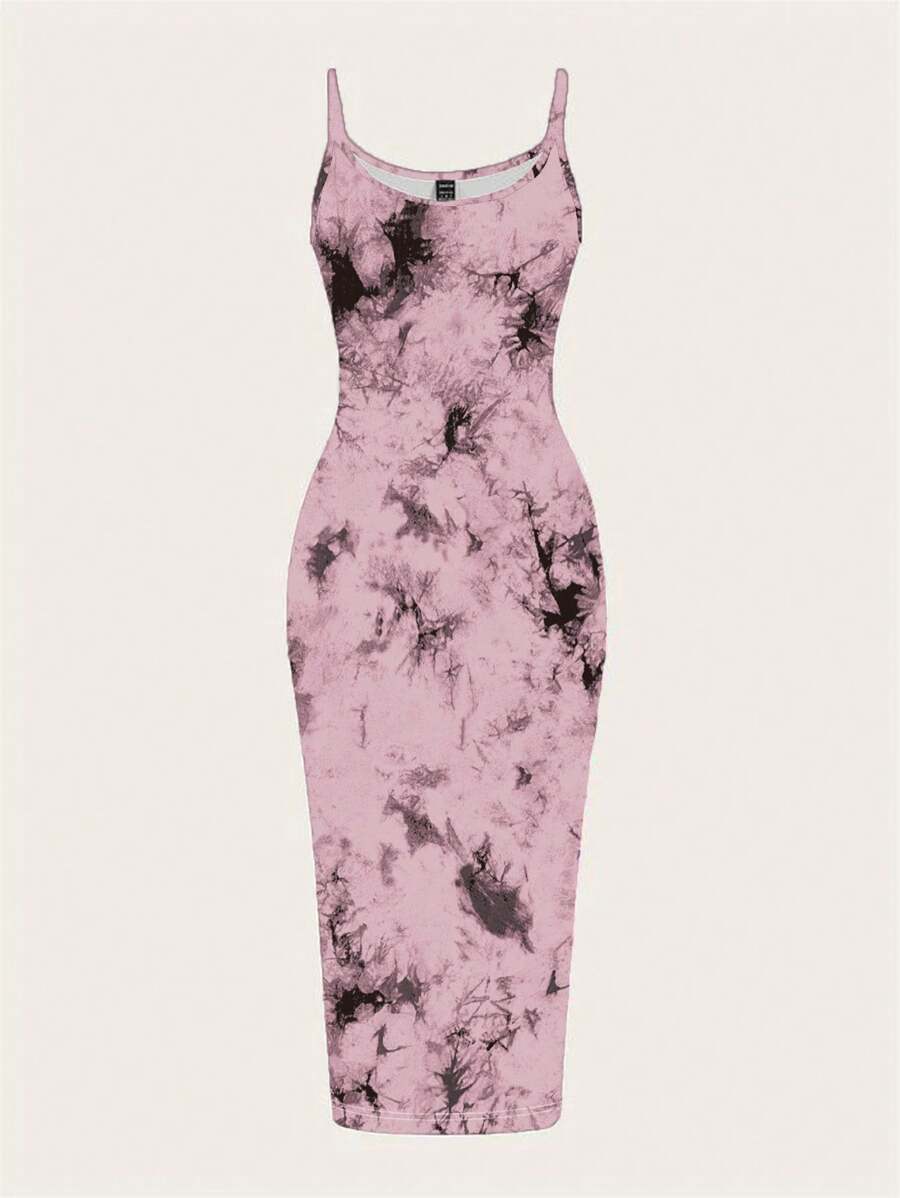 SHEIN EZwear 休闲简约全长扎染印花吊带裙,适合夏季 - 彩色 - 查看 1