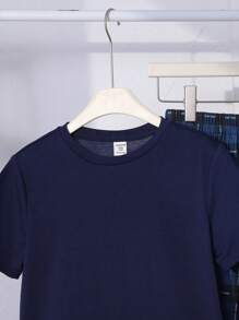 SHEIN 青少年男童休闲简约圆领短袖 T 恤和格子图案宽松睡裤 2 件套睡衣套装 - 藏蓝色 - 查看 3