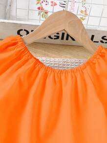 SHEIN 2 Pieces Set: Tween Girl Ruffled Off-Shoulder Blouse And Beaded Denim Pants, Sweet Style For Daily Wear In Summer - Orange - View 4