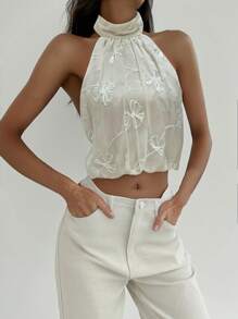 Aloruh Women's Elegant Solid Color Embroidered Backless Halter Top,Rave Top,Graduation,Back To School - Apricot - View 1