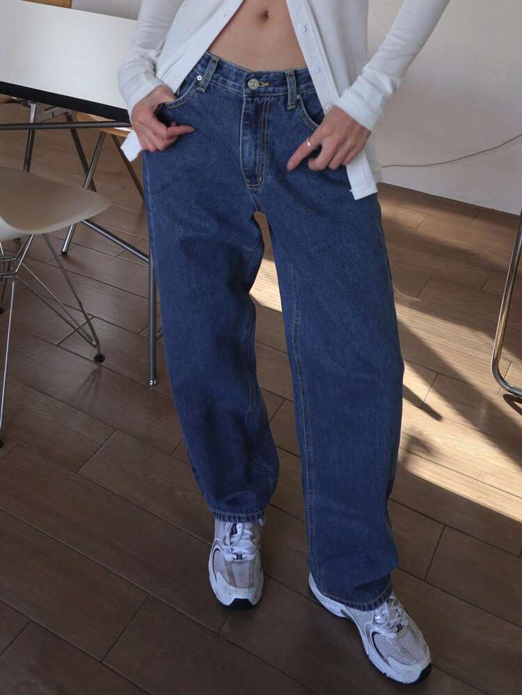 Women's Navy Blue Pocket Casual Carrot Baggy Jeans