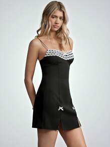 SHEIN EZwear Women's Elegant Black Mini Dress With Lace Trim, Spaghetti Straps, And Slit Hem - Black - View 2
