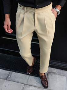 Manfinity Bizformal 男士休闲纯色锥形工作西装裤，适合送给朋友、男朋友作为礼物男士西装裤男士西装裤男士白色正装裤男士商务休闲裤男士衣服裤子 - 杏色 - 查看 3