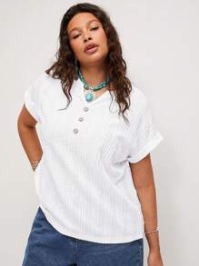 SHEIN LUNE Plus Size Women V-Neck Short Sleeve Casual Blouse Summer Outfits For Women Summer Tops Summer Outfits For Women Vacation Outfits Women Summer Outfits For Women Summer Clothes European Summer - White - View 5