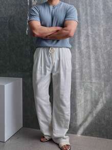 DAZY Summer Solid Ribbed Design Haze Blue Knitted Top For Men Business Attire - Dusty Blue - View 3