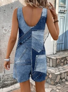 EMERY ROSE Women's Denim Effect Print Pocket Romper, Suitable For Spring And Summer Suitable For Going Out,Casual - Multicolor - View 4