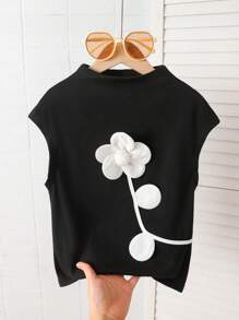 SHEIN Tween Girls' Elegant Mock Neck 3D Flower Round Neck Comfortable High Stretch Rib Knit Short Sleeve T-Shirt, Black