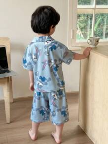 SHEIN Young Boys Funny Casual Cute Self-Created Rabbit Pattern Gray Blue Cardigan Shorts 2 Pieces Pajama Set - Dusty Blue - View 2
