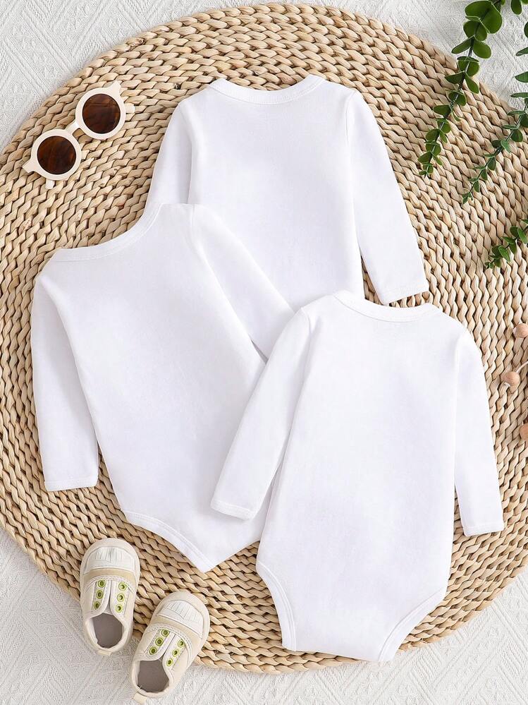 Set da 3 pezzi per neonato maschio/femmina, body a maniche lunghe con chiusura a pressione incrociata, colore bianco tinta unita, comodo e alla moda - Bianco - Visualizzare 2
