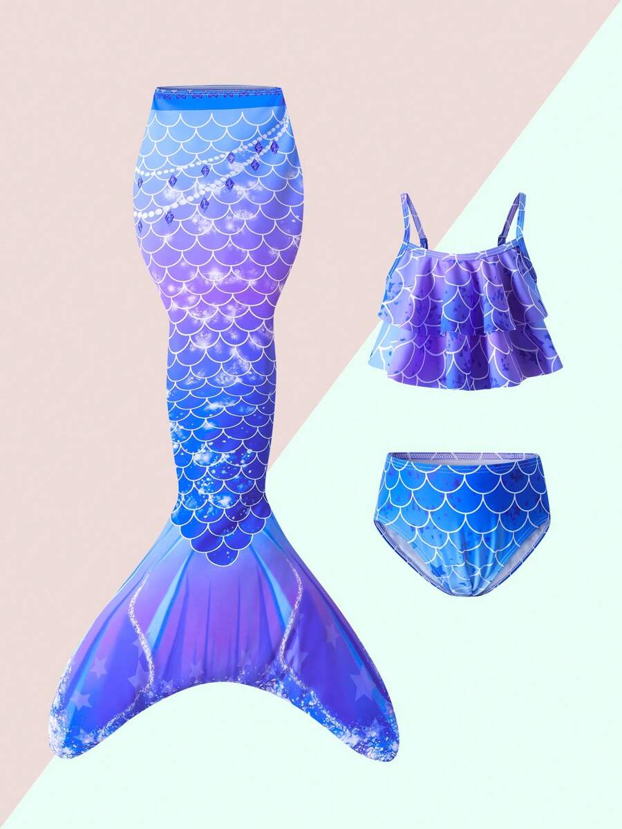 Sparklyn Young Girl Mermaid Scale Print Ruffled Swimsuit Set With Matching Fish Tail Skirt, Random Print Mermaid Outfit Mermaid Tail Kids Bathing Suit Mermaid Beach Girls Clothes Mermaid Bathing Suit Kids Mermaid Swimsuit For Kids Summer Holiday