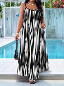 SHEIN Lady Váy yếm dây mảnh đi biển mùa xuân và mùa hè Váy cỡ lớn Váy kẻ caro Váy châu Phi - Đen và trắng - Xem 3