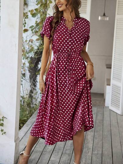 Breezaya Polka Dot Print Half Button Knot Front Dress Maxi Vacation Beach Outfits Women