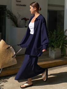 Livesso Bộ đồ thể thao nữ kiểu phương Tây, màu trơn, chất liệu giả denim, dáng rộng, thoải mái, gồm 2 món, thích hợp cho kỳ nghỉ xuân. - Màu xanh hải quân - Xem 2