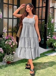 SHEIN EZwear 大码无袖条纹休闲/度假连衣裙，夏季 - 黑與白 - 查看 1