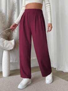 SHEIN Unity Solid Color Elastic Waist Casual Straight Leg Pants Fall Cloth For Women - Burgundy - View 4