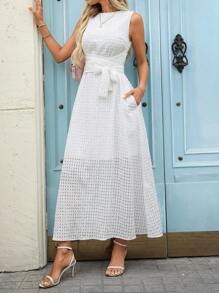 SHEIN Clasi 女士重叠纯色无袖连衣裙，适合夏季的时尚 - 白色 - 查看 4