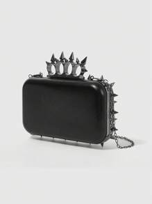 ROMWE Goth 女士晚装手拿包，简约纯色，铆钉装饰，时尚 - 黑色 - 查看 2