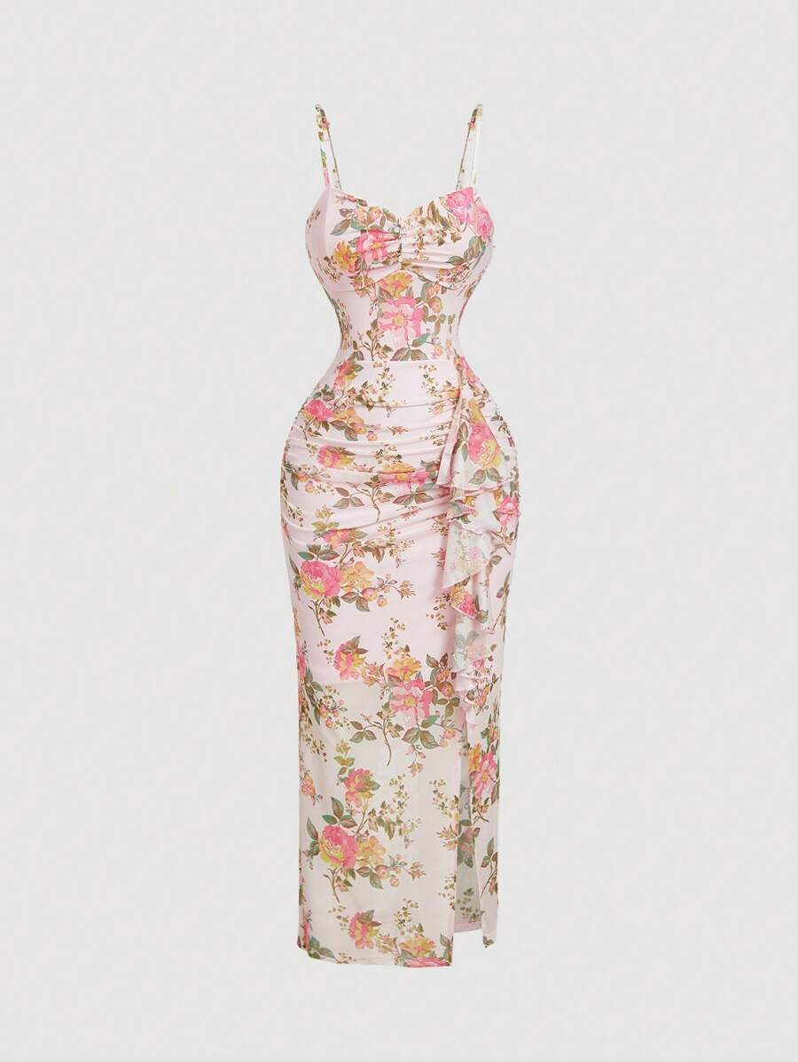 SHEIN MOD Robe mi-longue fendue à volants avec imprimé floral vintage pour femmes, beige, robe de fée, robe de soirée, robe pour le Nouvel An, robe de fête du Nouvel An, robe de vacances, vêtements de femme pour le Nouvel An, robes de fête pour femmes