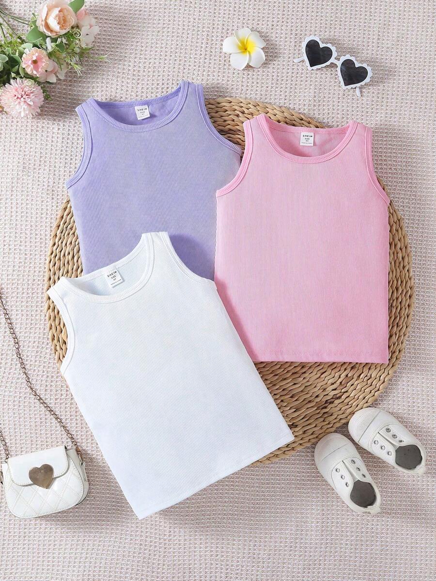 SHEIN 3pcs Set Young Girls' Versatile Black, White, Khaki Elastic Camisole Tops, Suitable For Casual, Beach, Daily Wear In Summer Pastel Color Tops Girls
