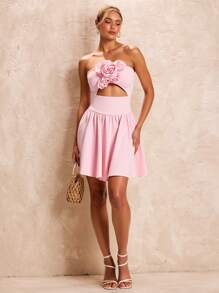 Glamine Vestido curto feminino de cor sólida, sem alças, vazado, com flores 3D - Rosa chiclete - Visão 4