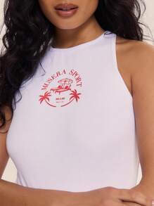 Musera Sport Top largo acanalado con estampado gráfico "Sport Beach Club" para actividades, gimnasio, primavera y verano - Blanco - Ver 4