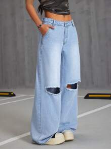 SHEIN ICON Jeans casual lavati a vita bassa strappati con gamba larga da donna