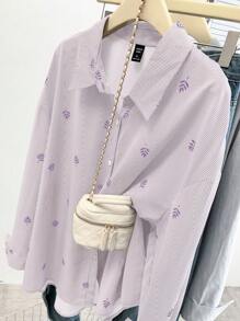 SHEIN LUNE 优雅通勤休闲条纹印花女士衬衫领长袖衬衫，黑色和白色，加大码，适合春夏秋季 - 淡紫色 - 查看 6