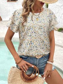 EMERY ROSE Ditsy Floral Round Neck Casual Summer Short Sleeve Dual Layer Ruffle Shoulder Shirt