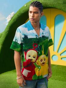 Teletubbies X SHEIN 男士休闲卡通图案前扣短袖衬衫，夏季 - 彩色 - 查看 5