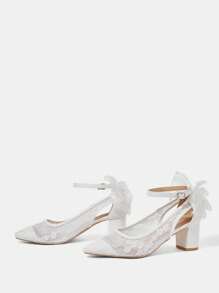 CUCCOO HITCHD 女士花卉刺绣蕾丝网眼露背蝴蝶结尖头方形粗跟浪漫优雅杏色高跟鞋，镂空设计，婚礼季新娘鞋